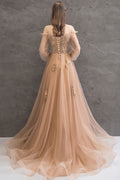 Champagne tulle lace long prom dress champagne tulle lace evening dress