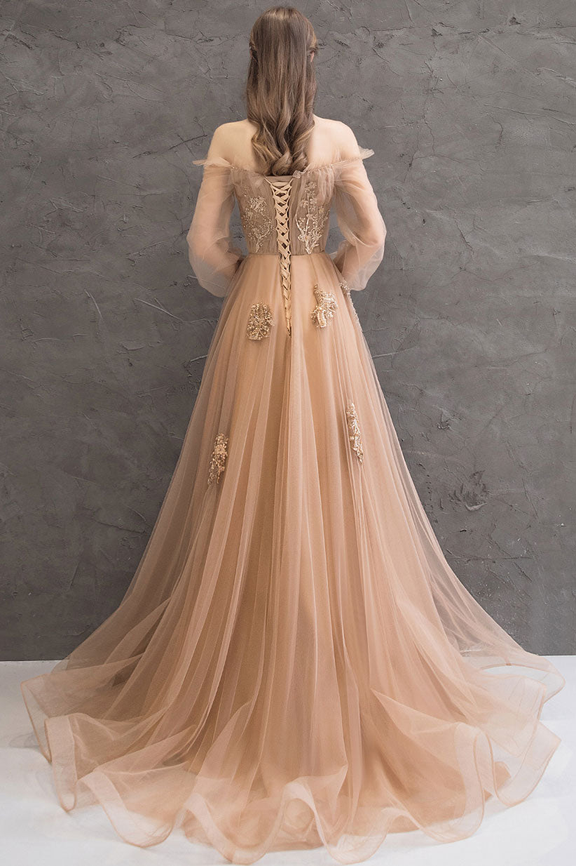 Champagne tulle lace long prom dress champagne tulle lace evening dress