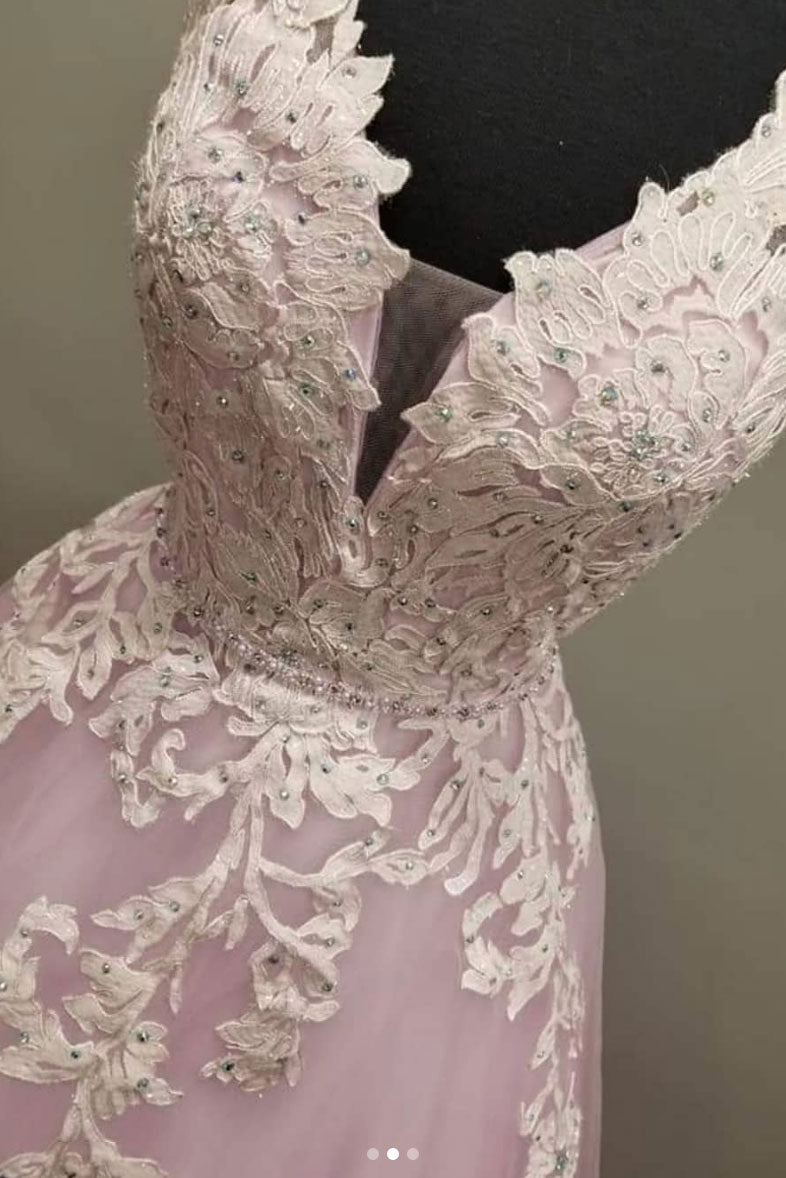 Pink v neck tulle lace long prom dress, pink tulle evening dress