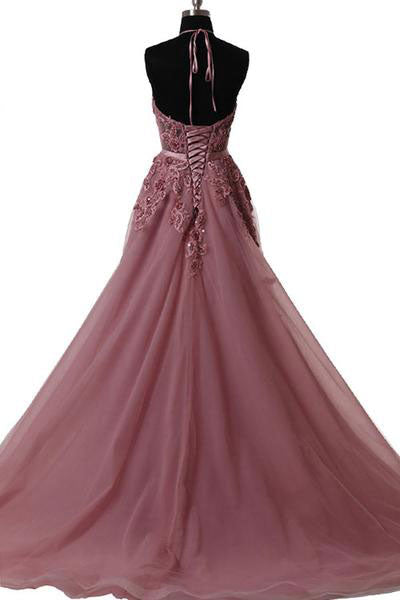 Unique tulle lace applique long prom dress, tulle evening dress