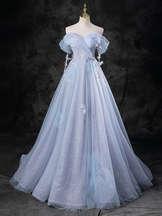 A-Line Sweetheart Neck Off Shoulder Tulle Gray Blue Long Prom Dress, Blue Formal Dress
