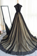 Black tulle lace long prom dress, black tulle evening dress