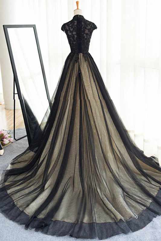 Black tulle lace long prom dress, black tulle evening dress