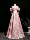A-Line Off Shoulder Printed Satin Pink Long Prom Dress, Printed Satin Long Formal Dress