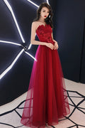 Burgundy tulle lace long prom dress burgundy evening dress
