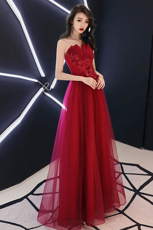 Burgundy tulle lace long prom dress burgundy evening dress