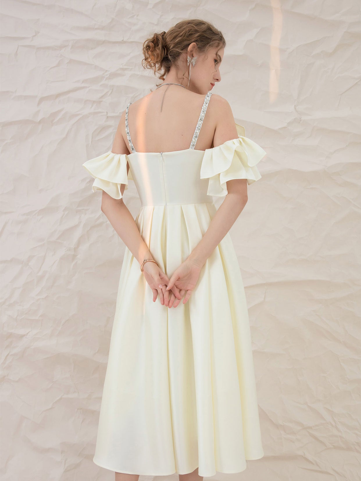 Light yellow satin short prom dress, yellow bridesmaid dress