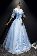 Blue tulle lace long prom dress, blue tulle evening dress