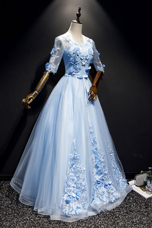 Blue tulle lace long prom dress, blue tulle evening dress