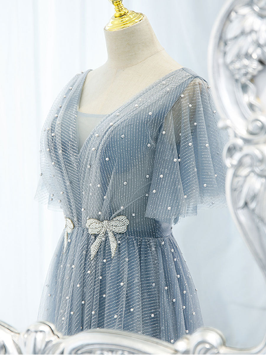 Blue v neck tulle beads long prom dress, blue tulle formal dress