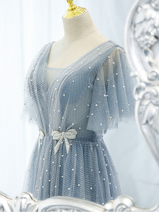 Blue v neck tulle beads long prom dress, blue tulle formal dress