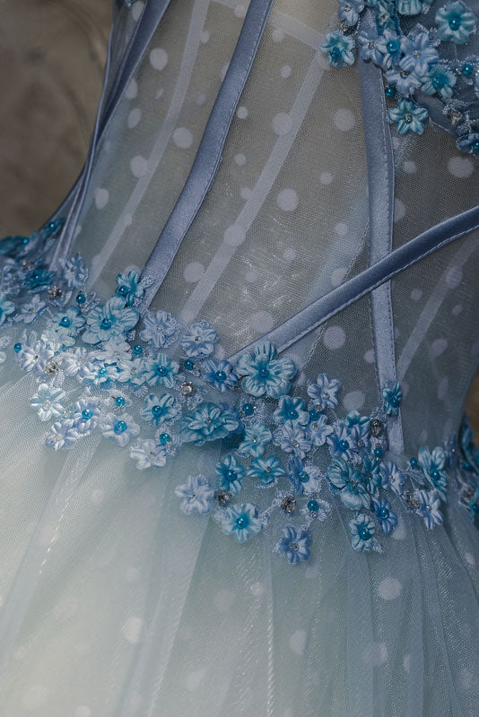 Light blue tulle long prom dress, blue tulle evening dress