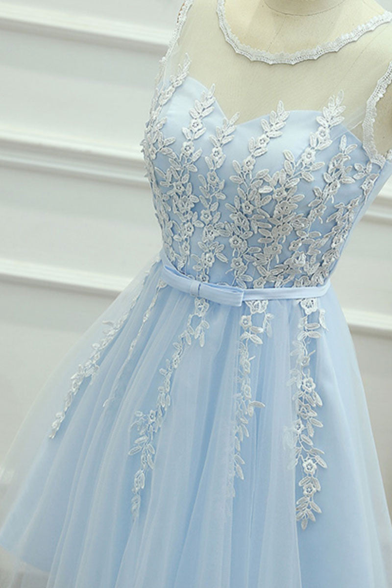 Cute round neck lace tulle blue prom dress, homeoming dress