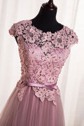 Pink round neck tulle lace applique long prom dress, tulle evening dress