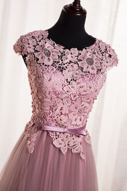 Pink round neck tulle lace applique long prom dress, tulle evening dress