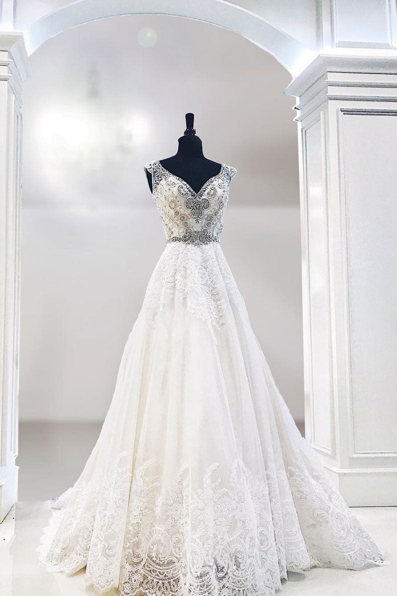 White v neck tulle lace long prom dress, white evening dress