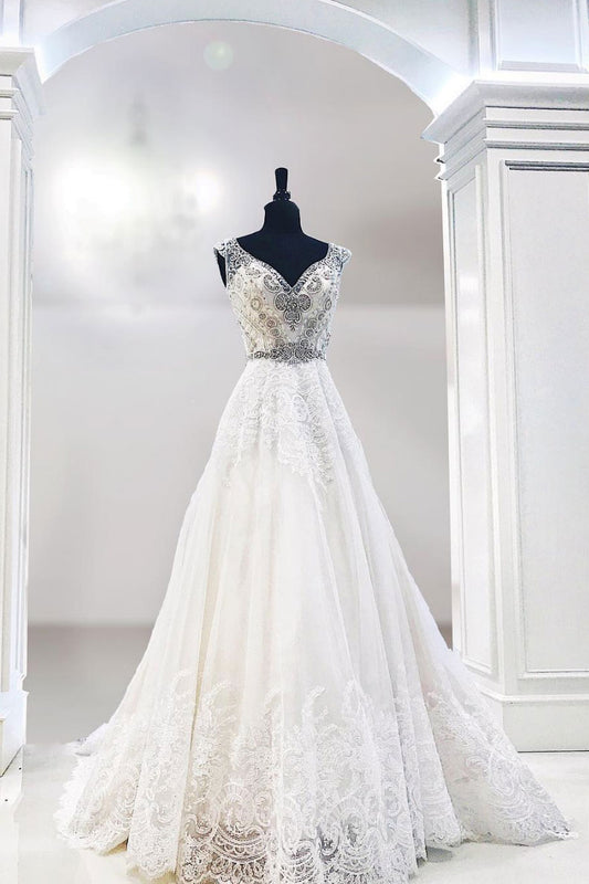 White v neck tulle lace long prom dress, white evening dress