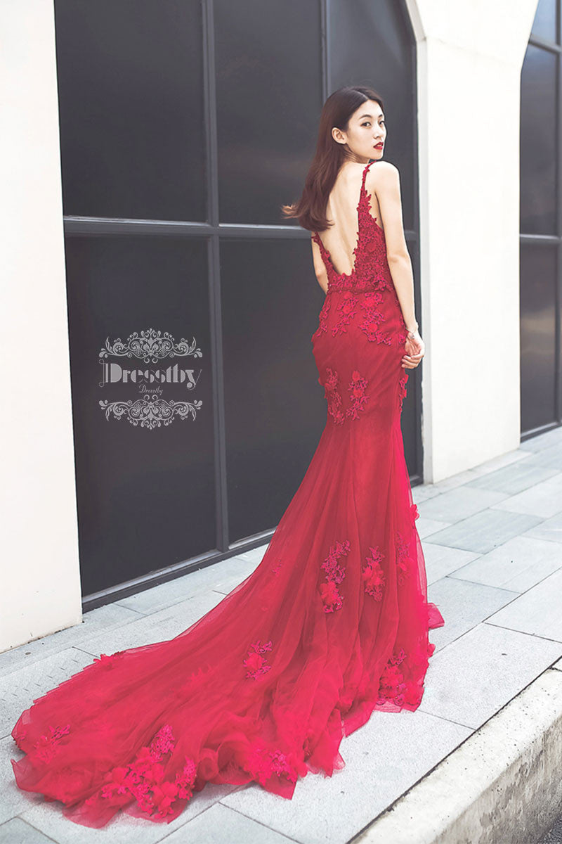 Burgundy v neck lace mermaid long prom dress, burgundy evening dress
