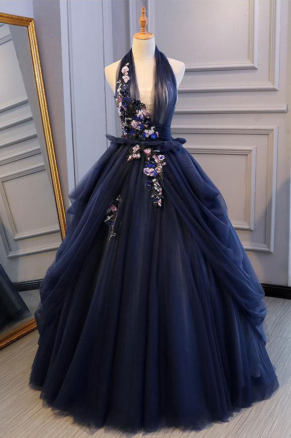 Blue tulle lace long prom dress, blue tulle lace evening dress