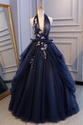 Blue tulle lace long prom dress, blue tulle lace evening dress