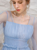 Blue tulle tea length prom dress, blue tulle formal evening dress