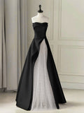 A-Line Tulle Satin Black/White Long Prom Dress. Black Long Formal Dress