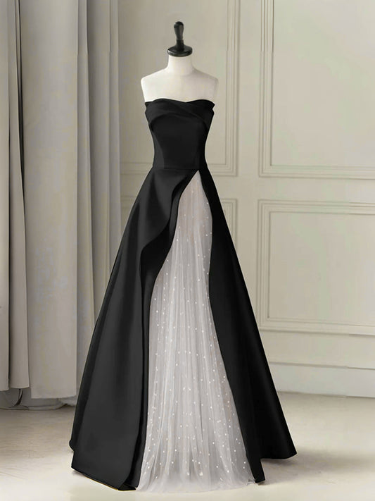 A-Line Tulle Satin Black/White Long Prom Dress. Black Long Formal Dress