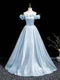 A-Line Off Shoulder Satin Blue Long Prom Dress, Blue Long Formal Dress
