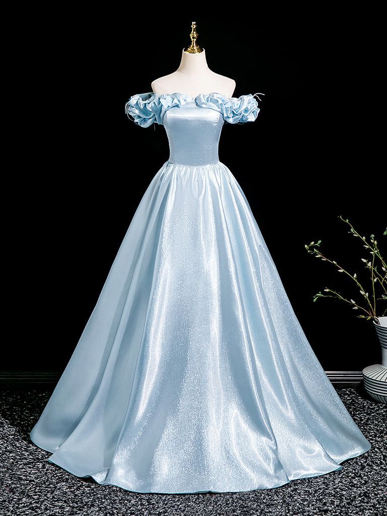 A-Line Off Shoulder Satin Blue Long Prom Dress, Blue Long Formal Dress