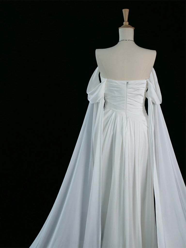 A-Line Off Shoulder Satin White Long Prom Dress, White Long Formal Dress