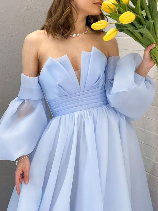 Aline Organza blue long prom dress puff sleeves blue long formal party dress