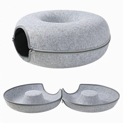Convertible Felt Cat Cave Bed with Zipper – Modern 2-in-1 Donut Pet Hideout