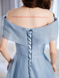 A-Line Off Shoulder Tulle Gray Blue Long Prom Dress, Gray Blue Long Formal Dress