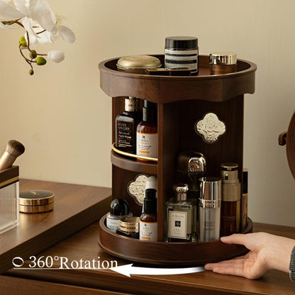 Vintage 360° Rotating Wooden Makeup Organizer – Elegant Vanity Storage with Carved Accents