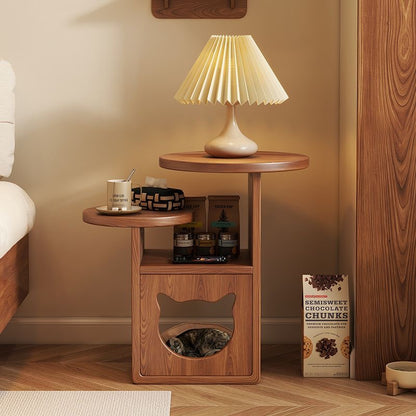 Multi-Level Wooden Side Table with Built-In Cat House – Stylish and Functional Pet-Friendly Furniture
