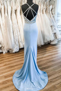Blue v neck satin long prom dress, blue evening dress