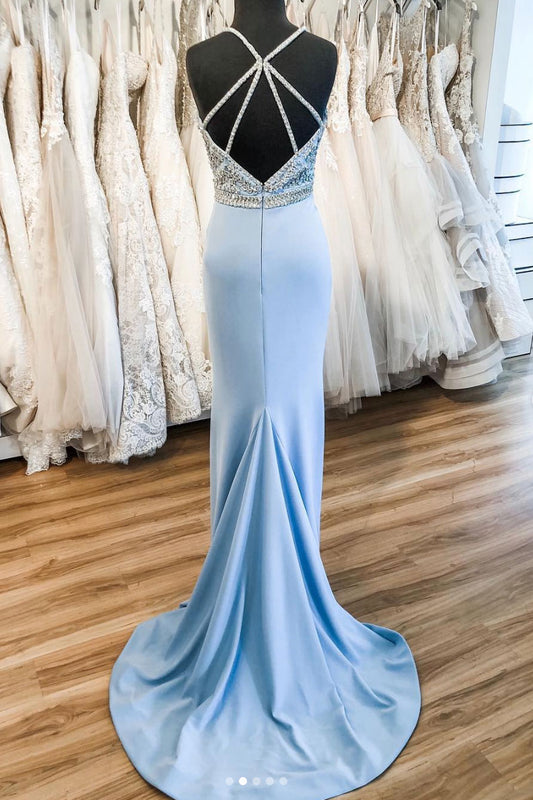 Blue v neck satin long prom dress, blue evening dress