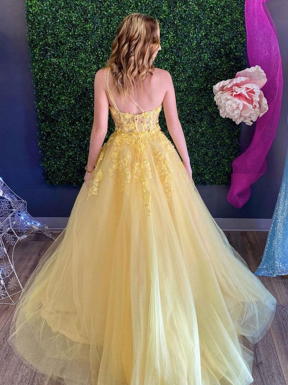 Yellow one tulle lace long prom dress, yellow tulle formal dress