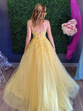 Yellow one tulle lace long prom dress, yellow tulle formal dress