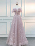A-Line  Off Shoulder Tulle Lace Pink Long Prom Dress, Pink Long Graduation Dress