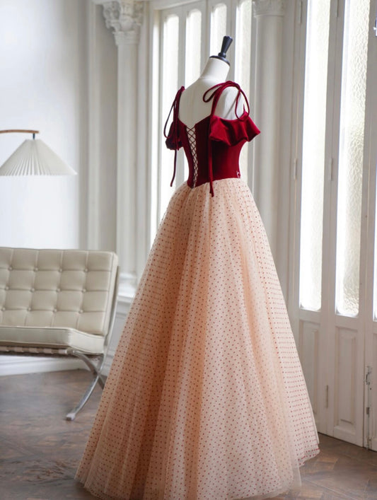 A-Line Burgundy Velvet Tulle Long Prom Dress, Burgundy Long Formal Dress