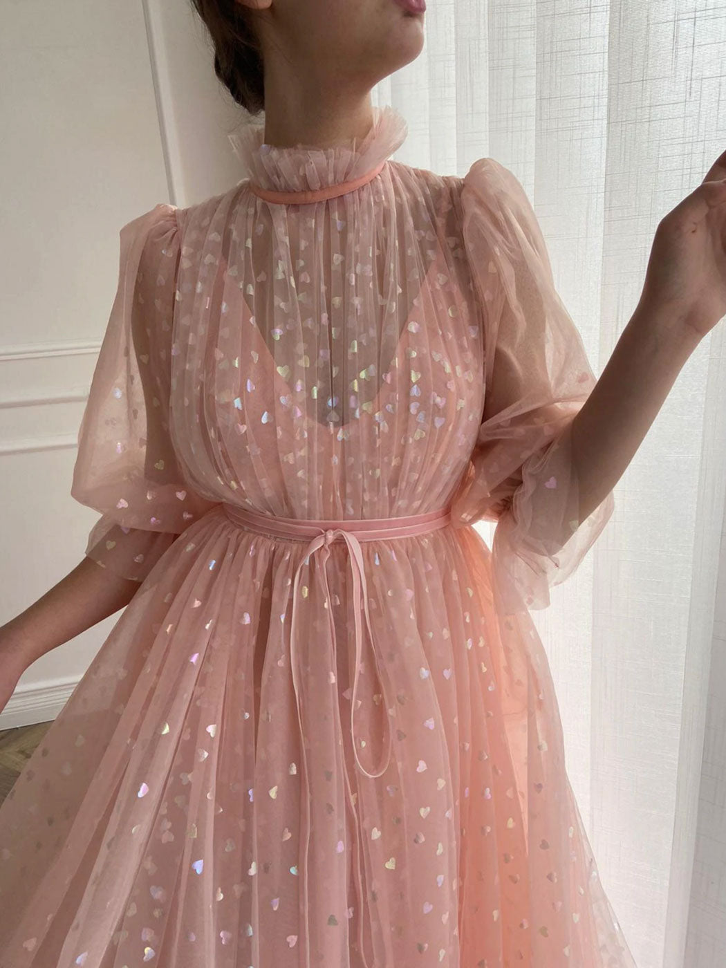 Pink high neck tulle long prom dress, pink tulle formal dress