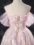 A-Line Off Shoulder Pink Long Prom Dress, Pink Sweet 16 Dress