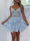 Unique V Neck Sequin Mini Blue Short Prom Dress, Blue Homecoming Dress