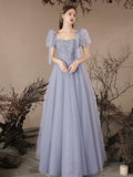 A-Line Sweetheart Neck Tulle Beads Blue Long Prom Dress, Blue Long Evening Dress