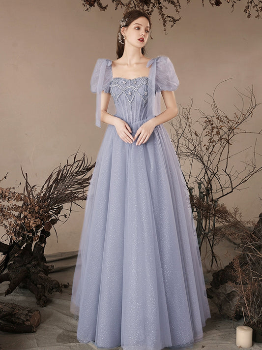 A-Line Sweetheart Neck Tulle Beads Blue Long Prom Dress, Blue Long Evening Dress