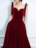 A-Line Sweetheart Neck Velvet Burgundy Long Prom Dress, Burgundy Formal Dress