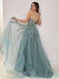 A-Line V Neck Tulle Lace Gray Green Long Prom Dress, Gray Green Formal Dress
