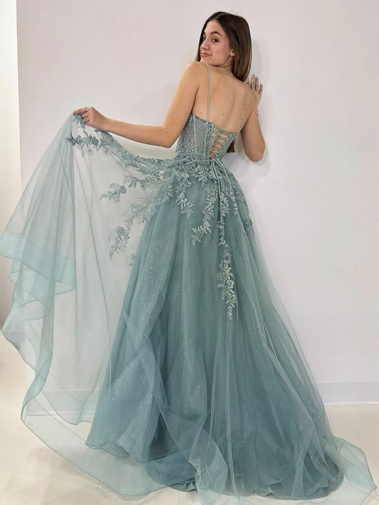 A-Line V Neck Tulle Lace Gray Green Long Prom Dress, Gray Green Formal Dress