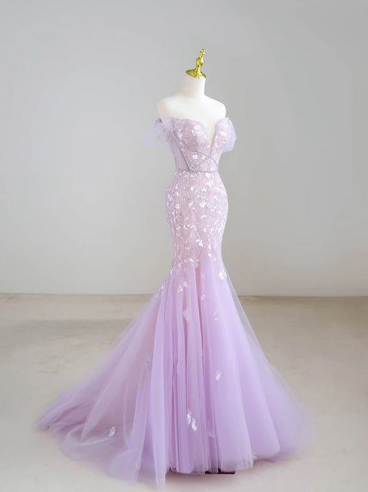 Mermaid Off Shoulder Sequin Tulle Purple Long Prom Dress, Purple Long Formal Dress